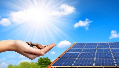 Dach mit Solaranlage, Sonne und davor eine Hand, die Münzen hält