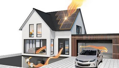 Grafik Einfamilienhaus mit Garage und Elektroauto und PV-Anlage auf dem Dach und Wechselrichter und Speicher im Keller, Visualisierung des Weges der Sonnenstrahlen die zu Strom werden