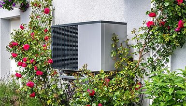 Graue Wärmepumpe an Hauswand umringt von Rosensträuchern mit pinken Blüten